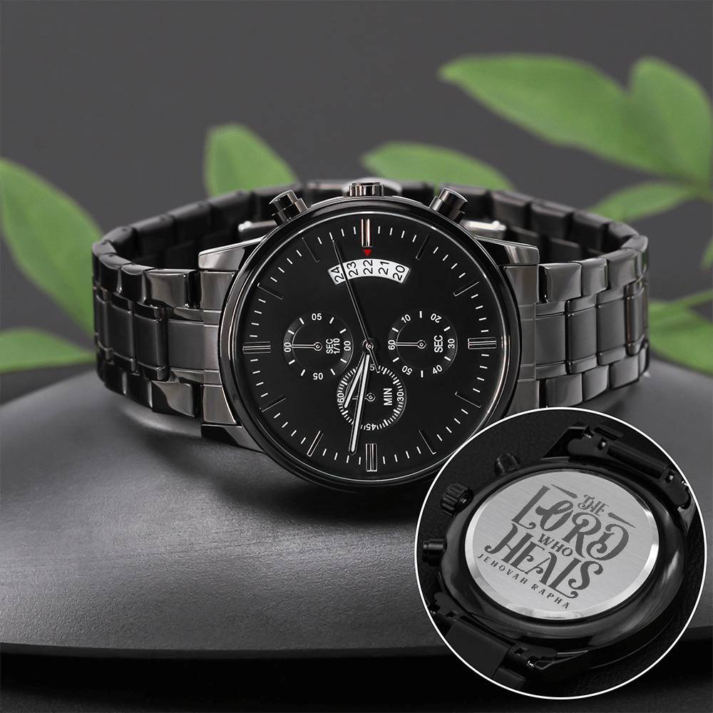 Christian Watch The Lord Who Heals Engraved Black Chronograph Chronograph Watches