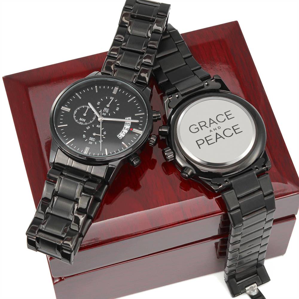 Christian Watch Grace and Peace Engraved Black Chronograph Chronograph Watches Luxury Box w/LED