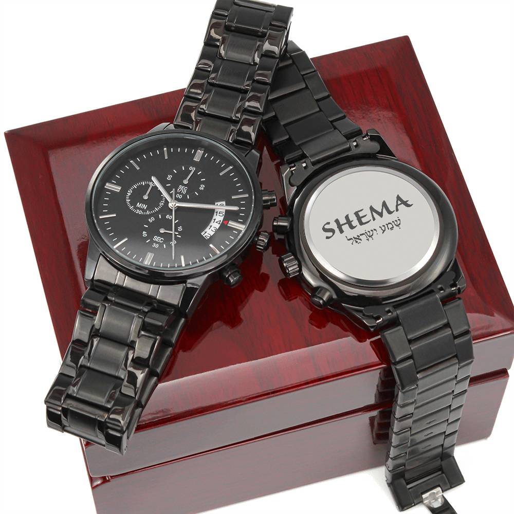 Christian Watch Shema Hebrew Engraved Black Chronograph Chronograph Watches Luxury Box w/LED