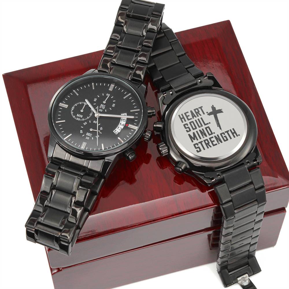 Christian Watch Heart Soul Mind Strength Engraved Black Chronograph Chronograph Watches Luxury Box w/LED