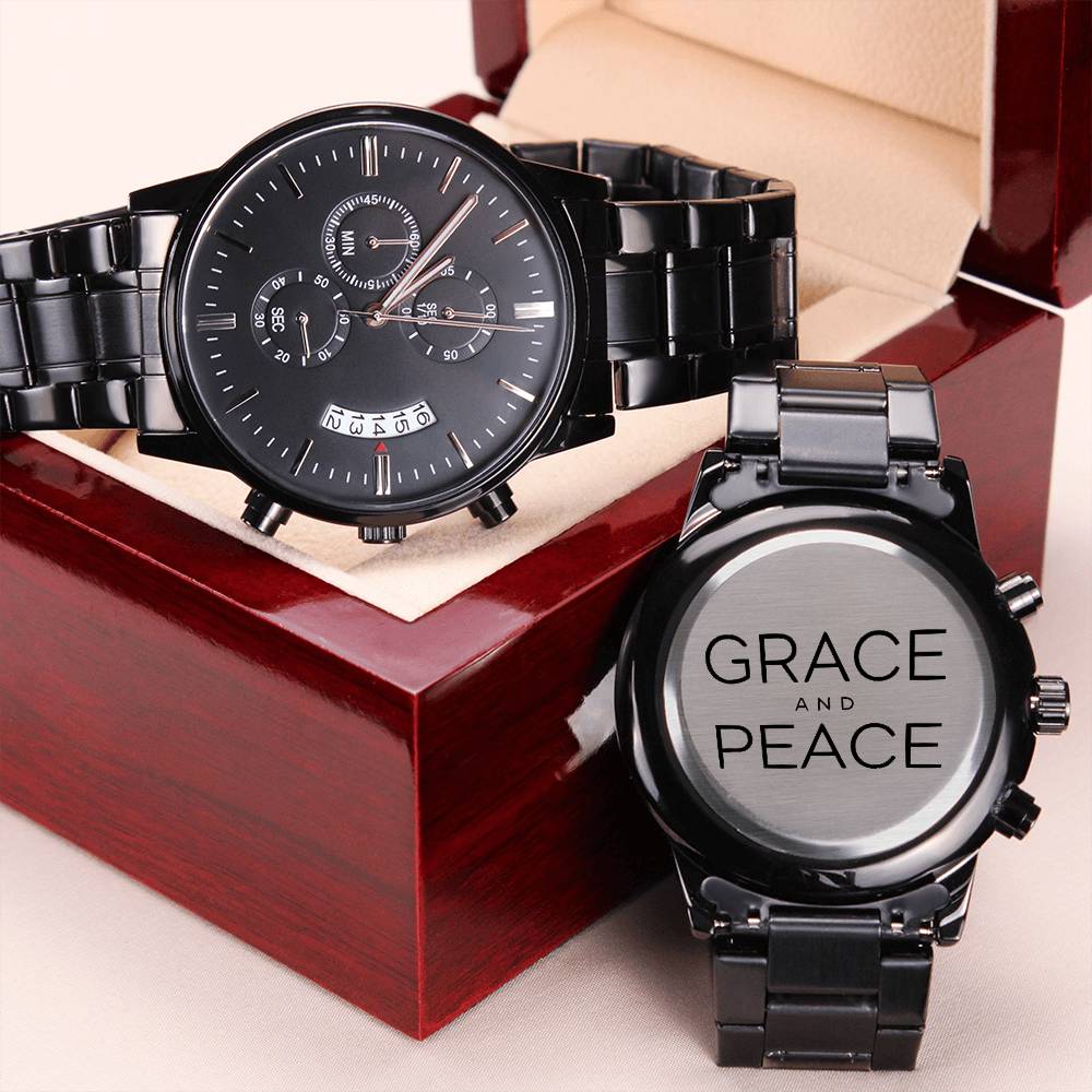 Christian Watch Grace and Peace Engraved Black Chronograph Chronograph Watches