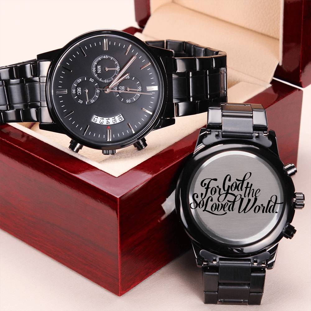 Christian Watch God So Loved Engraved Black Chronograph Chronograph Watches