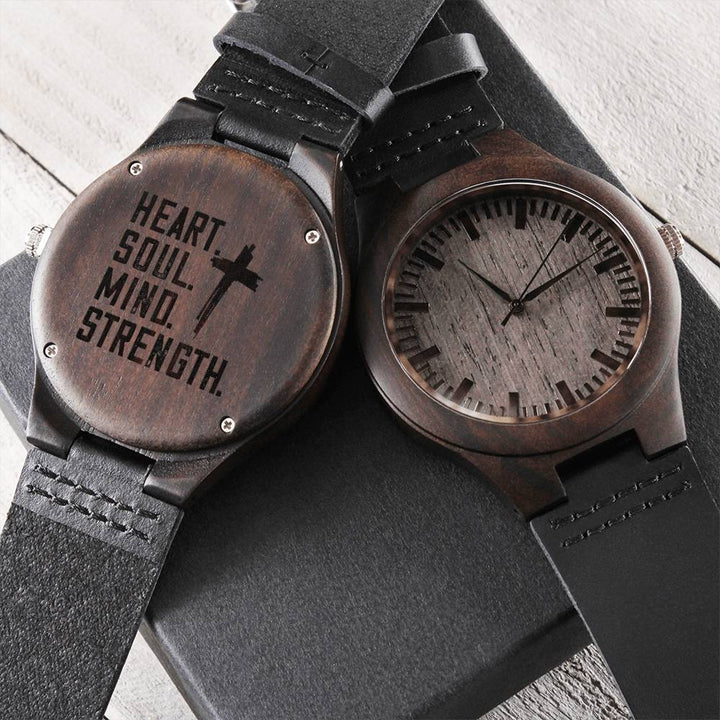 Christian Watch Heart Soul Mind Strength Engraved Wooden Sandalwood Watches