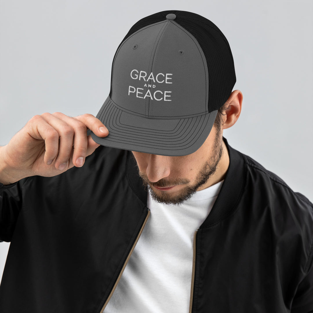 Christian Hat Grace and Peace Trucker Trucker Hat Charcoal/Black