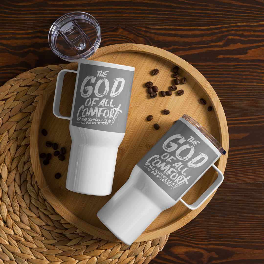 Christian Coffee Mug Travel Cup God of All Comfort Grey 25 oz Travel Mug   