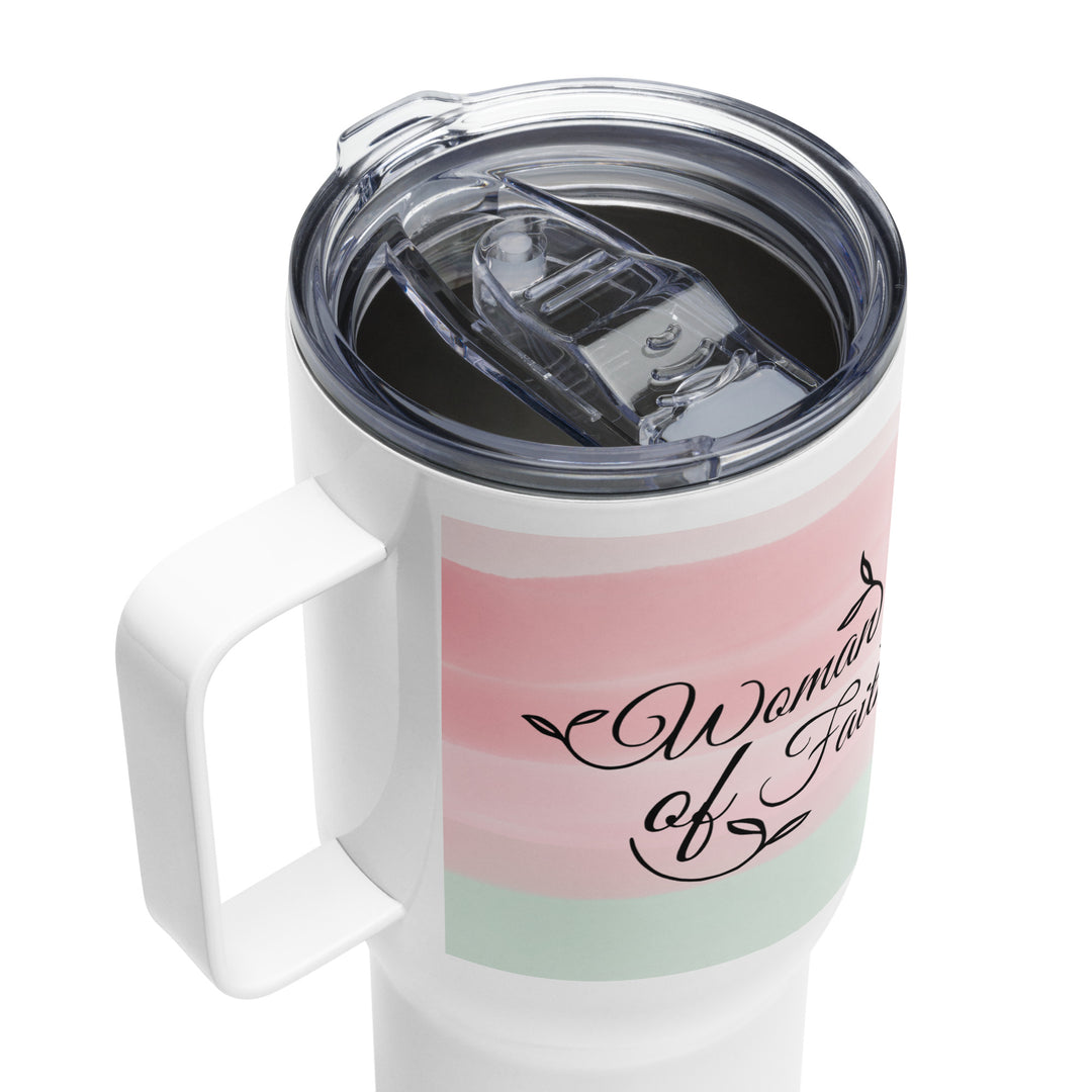 Woman of Faith Pink Green 25 oz Travel Mug with Handle Travel Mug   