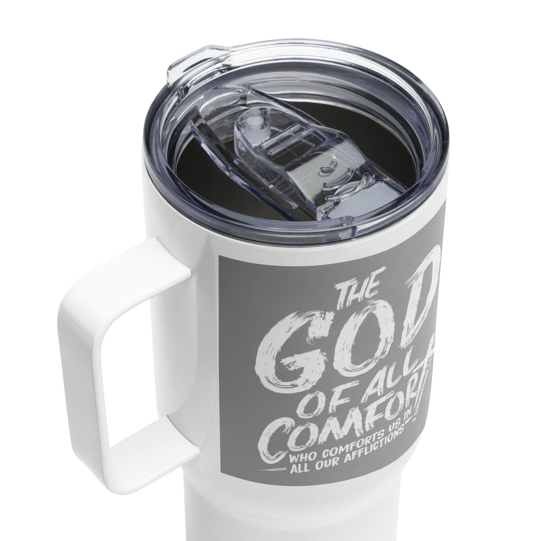 Christian Coffee Mug Travel Cup God of All Comfort Grey 25 oz Travel Mug   