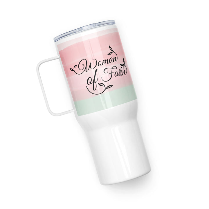 Woman of Faith Pink Green 25 oz Travel Mug with Handle Travel Mug   